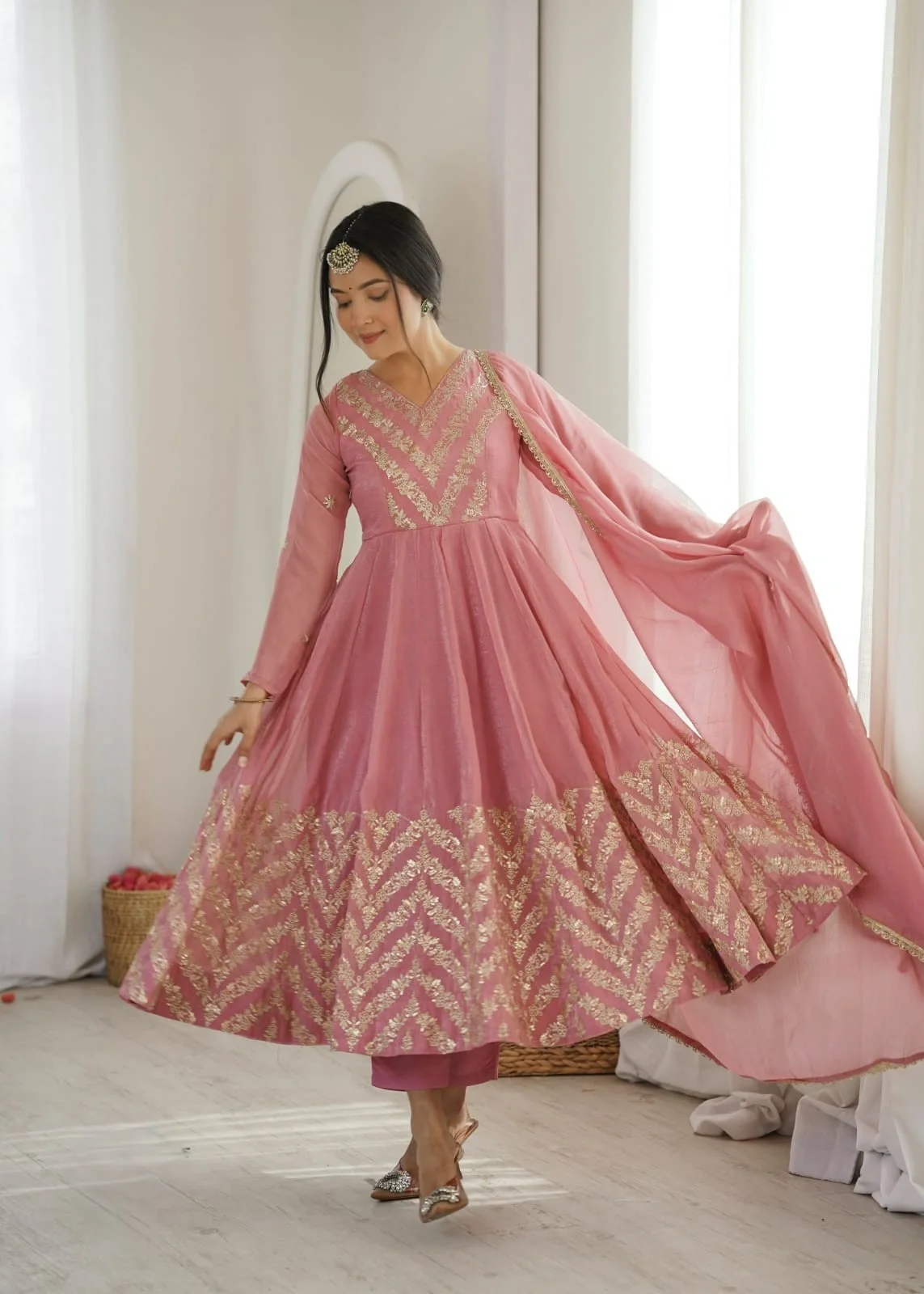 Crunchy Silk With Fully Flair With Anarkali Gown